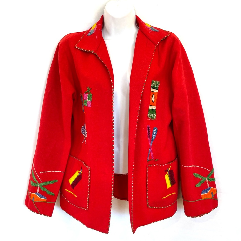 Vintage 40s 50s Mexican Wool Felt Jacket Red Embroidered Womens S - Picture 2 of 10